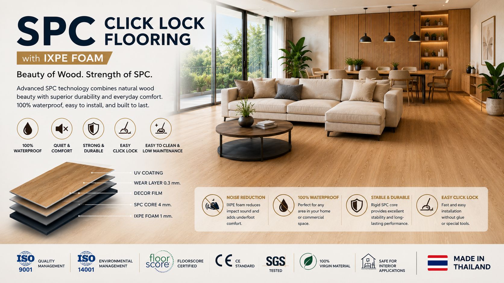 SPC Click Lock Flooring is a modern flooring solution designed for both residential and commercial interiors. Featuring a durable SPC core structure combined with integrated IXPE foam underlay, the flooring delivers enhanced comfort, sound reduction, dimensional stability, and long-lasting performance.